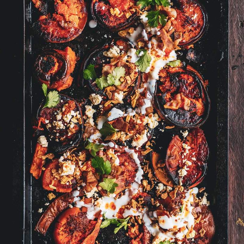 Loaded harissa smashed sweet potatoes