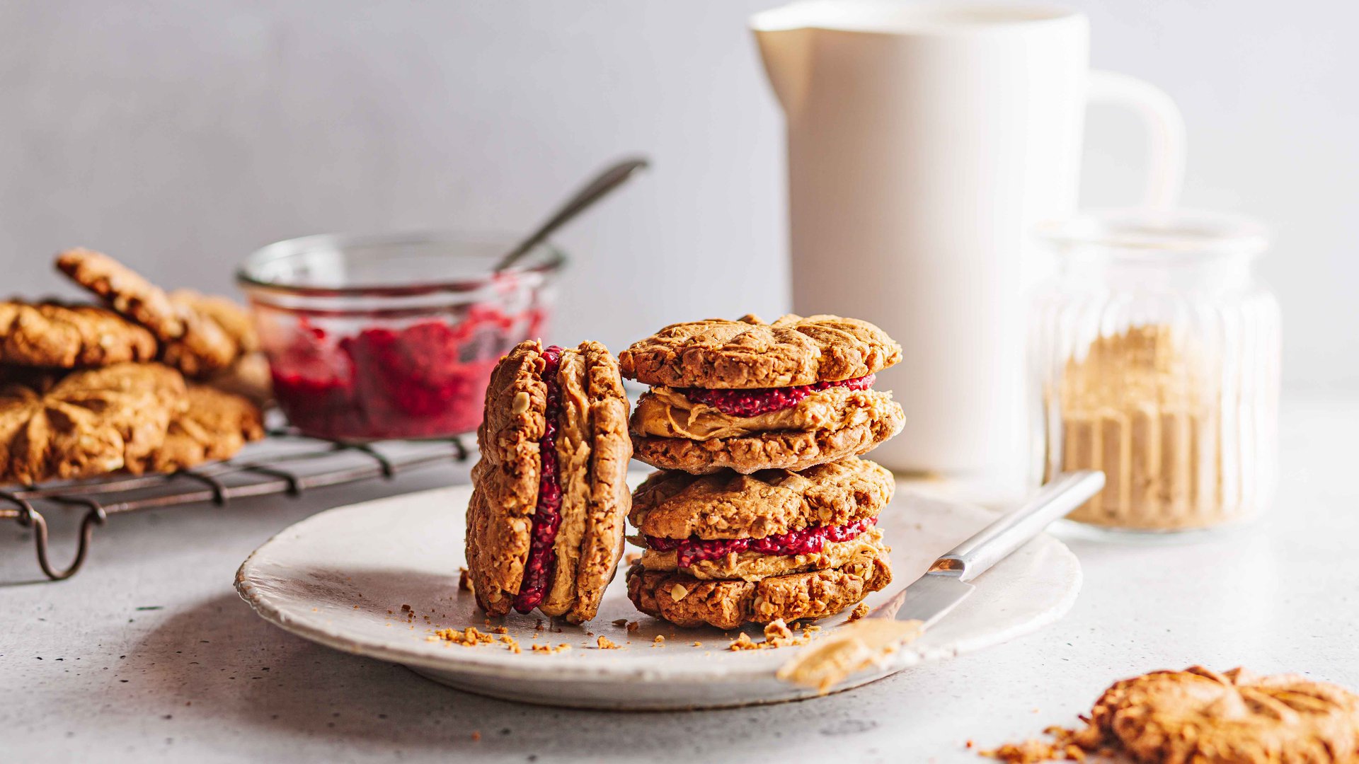 Maca peanut butter and raspberry chia jam cookie sandwiches