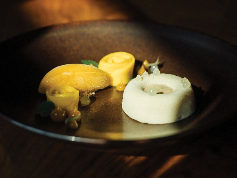 Folly’s vegan coconut cake and mango sorbet pairs tropical flavours for a delightful dessert