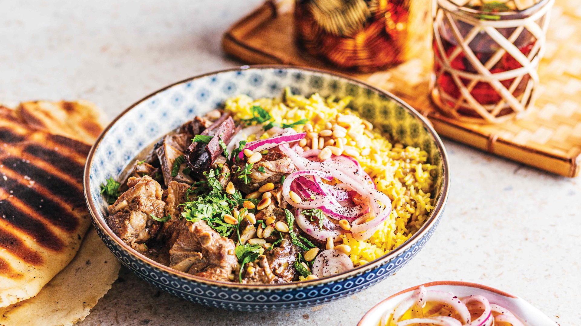 Mansaf with sumac marinated onions and crispy flatbread