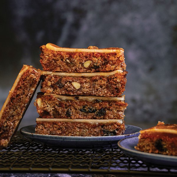 Simnel fruit bars with toasted marzipan