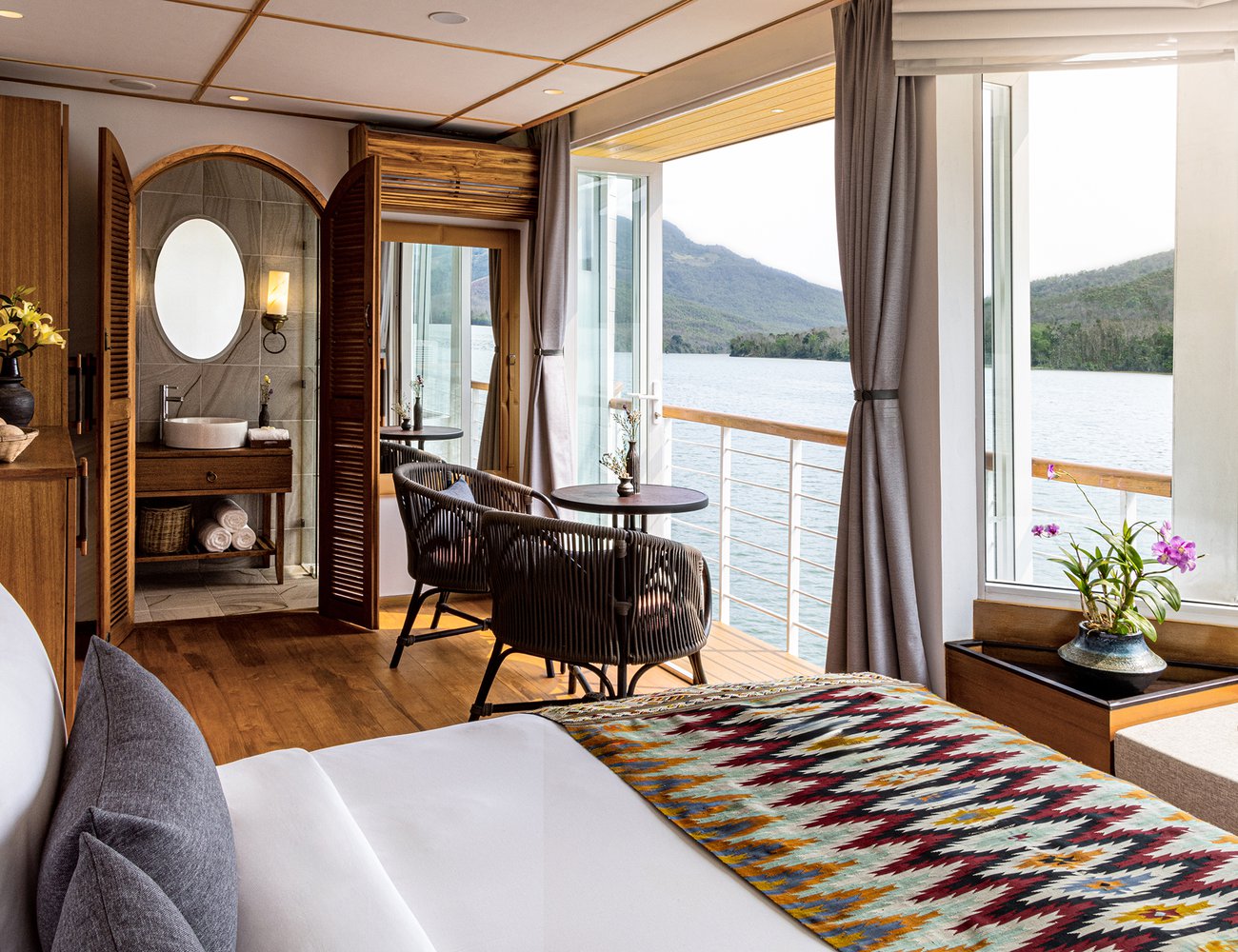 Premier view suite on the upper deck of the boat with a Juliet balcony