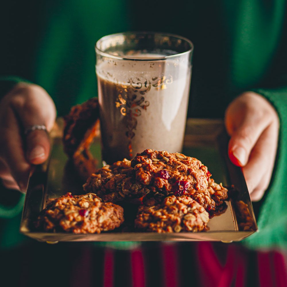 Spiced moon milk with oatmeal cherry biscuits