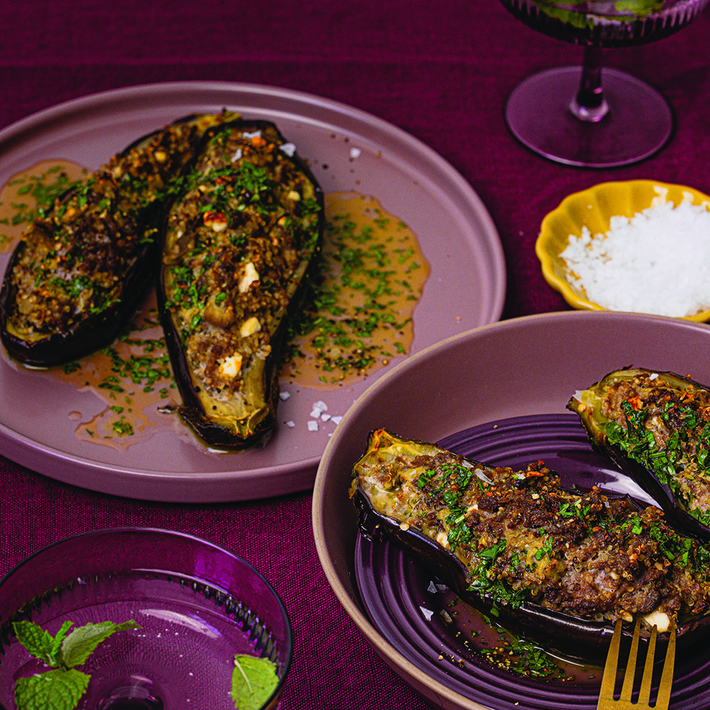Minty lamb and feta stuffed aubergines