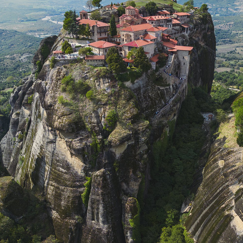 The Meteora is a rock formation in Thessaly, Greece, that hosts one of the largest complexes of monasteries