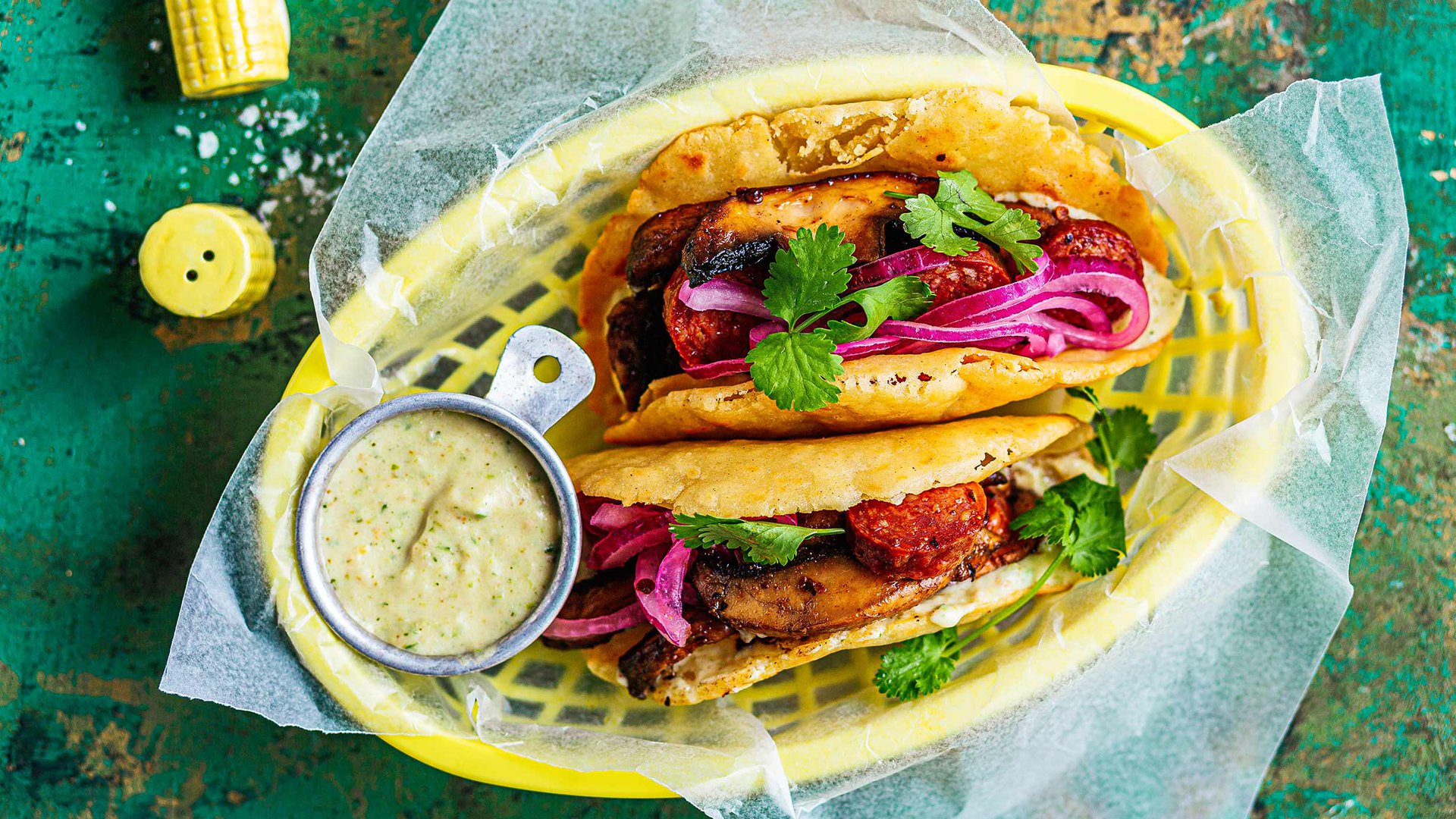 Mushroom and beef chorizo tacos with masa cheese sauce