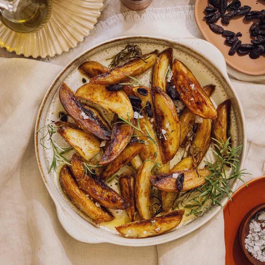 Crispy olive oil fried potato wedges