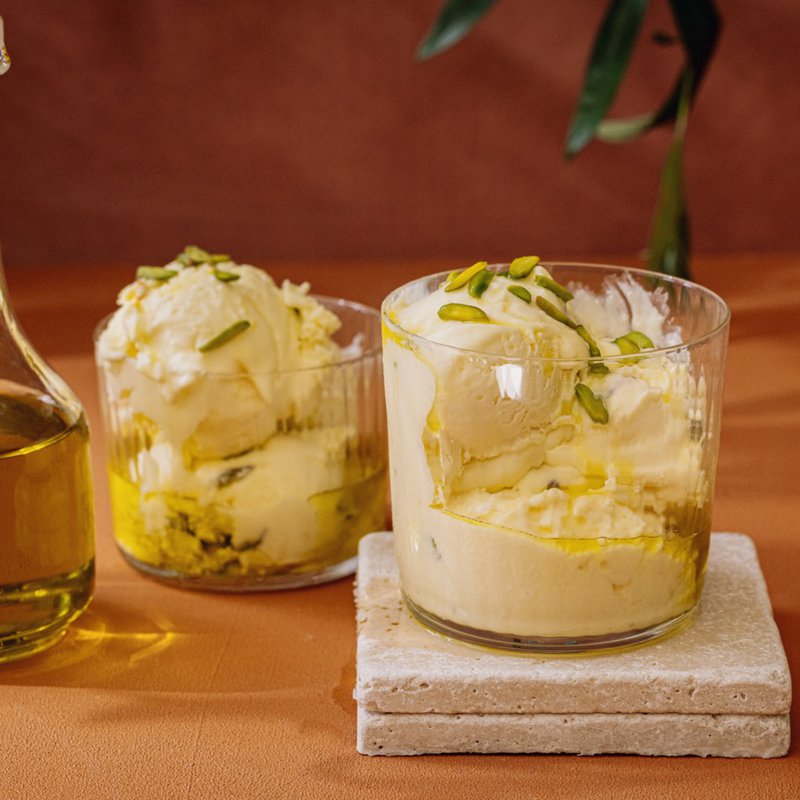 Pistachio, saffron, and olive oil ice cream