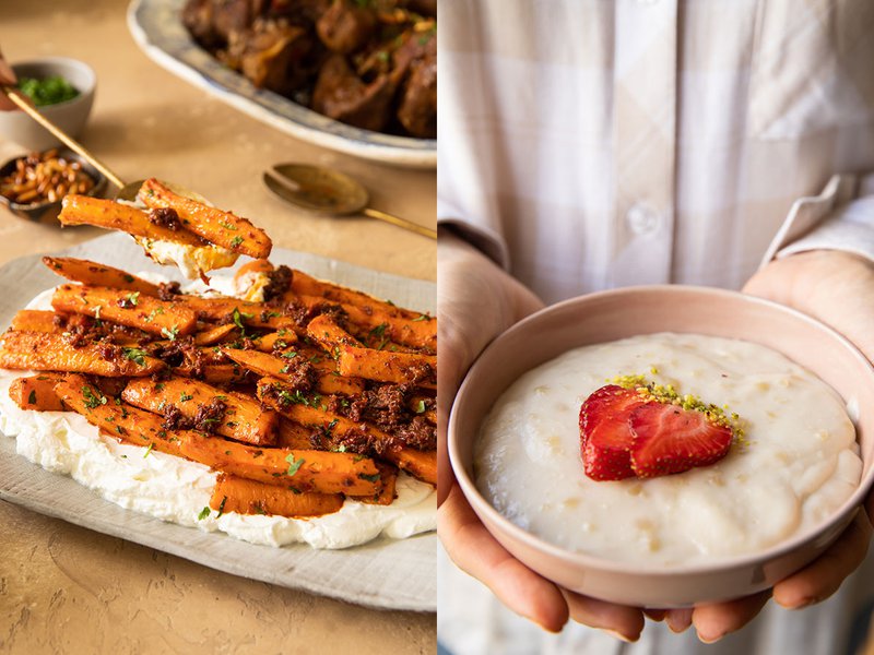 Aleppo pepper roasted carrots with labneh | Omayah's vegan version of kishk al fuqara, a popular Middle Eastern dessert