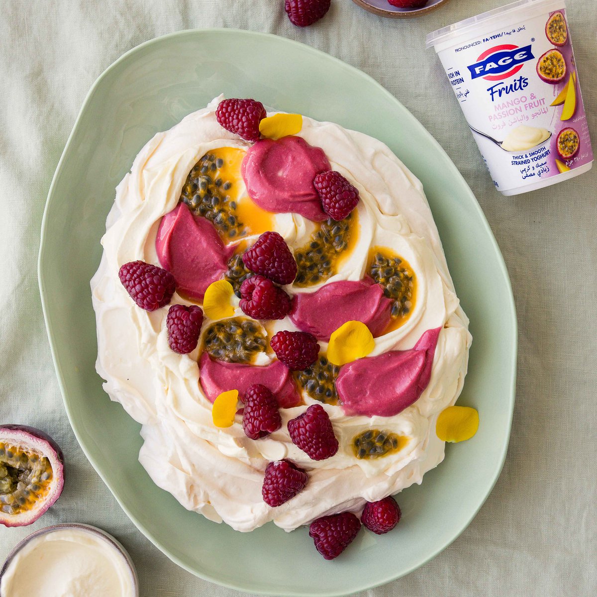 Tropical Pavlova with raspberry curd