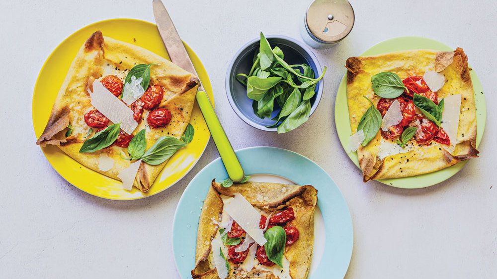 French buckwheat galettes with goat's cheese and blistered tomato basil