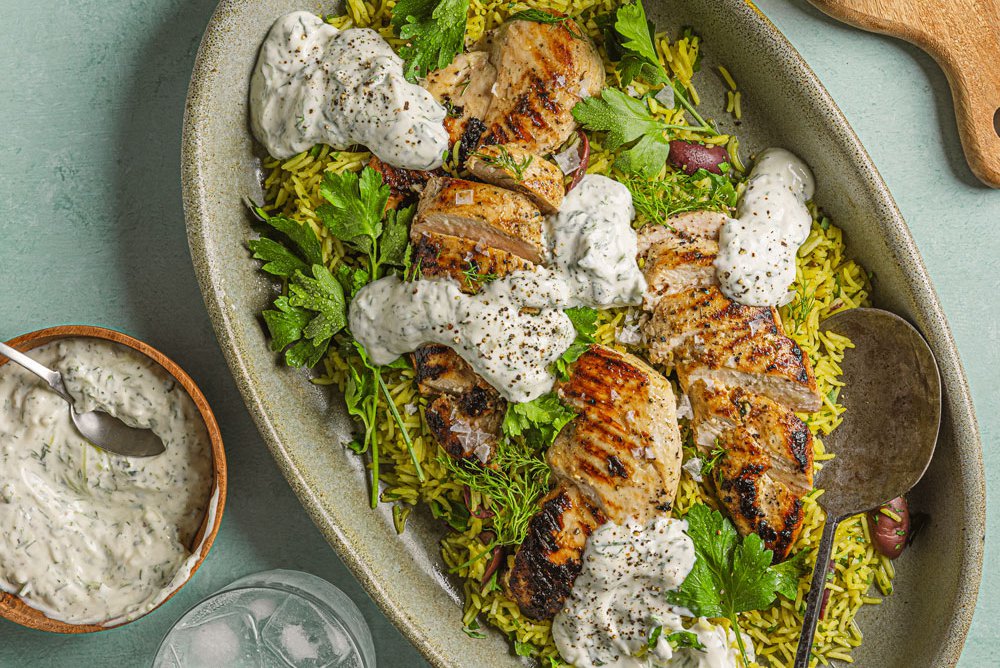 Tzatziki marinated chicken with Greek pilaf recipe Spinneys UAE