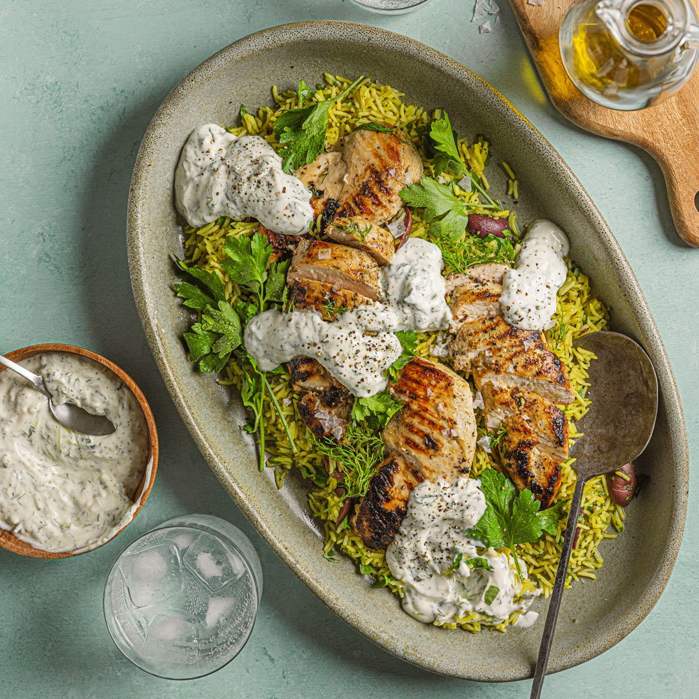 Tzatziki marinated chicken with Greek pilaf