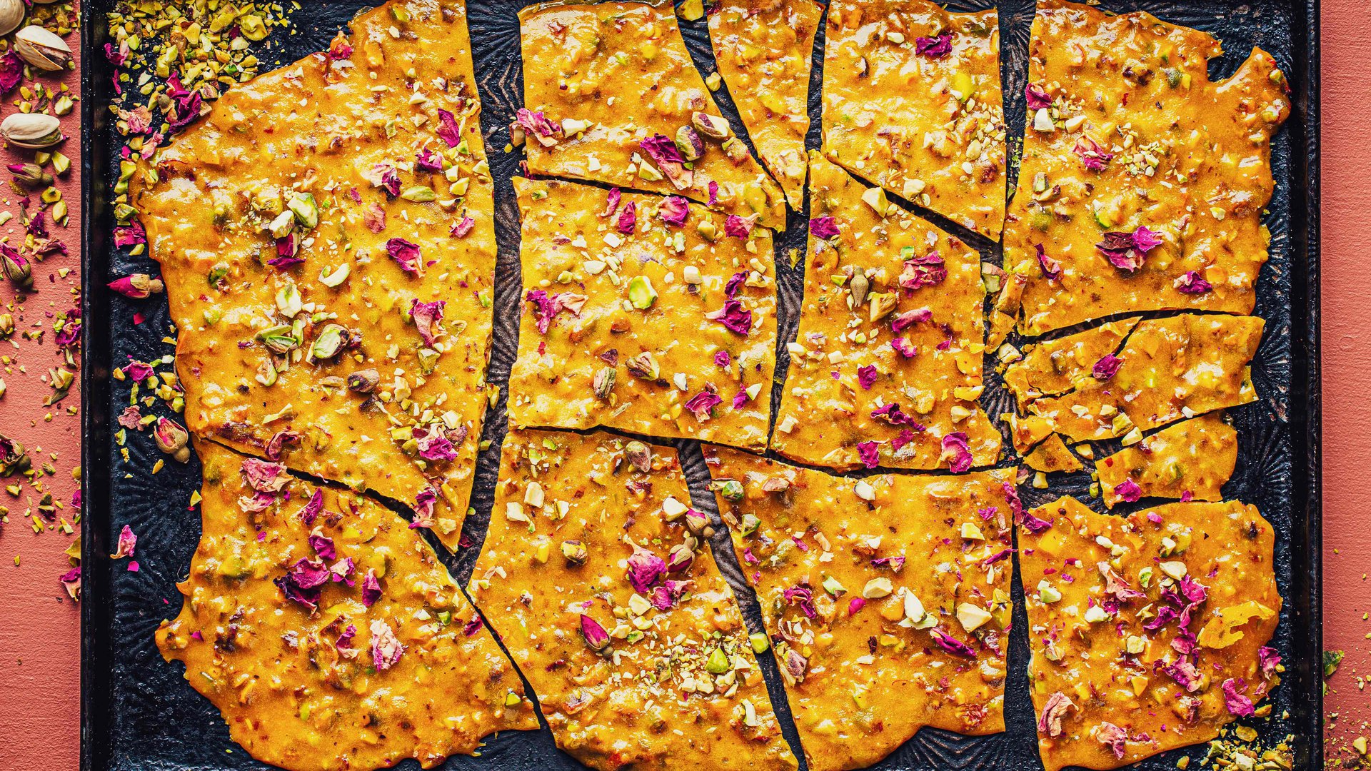 Pistachio and rose water brittle