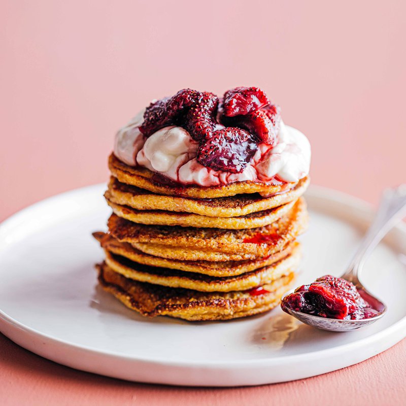 Polenta buttermilk pancakes with roasted strawberries
