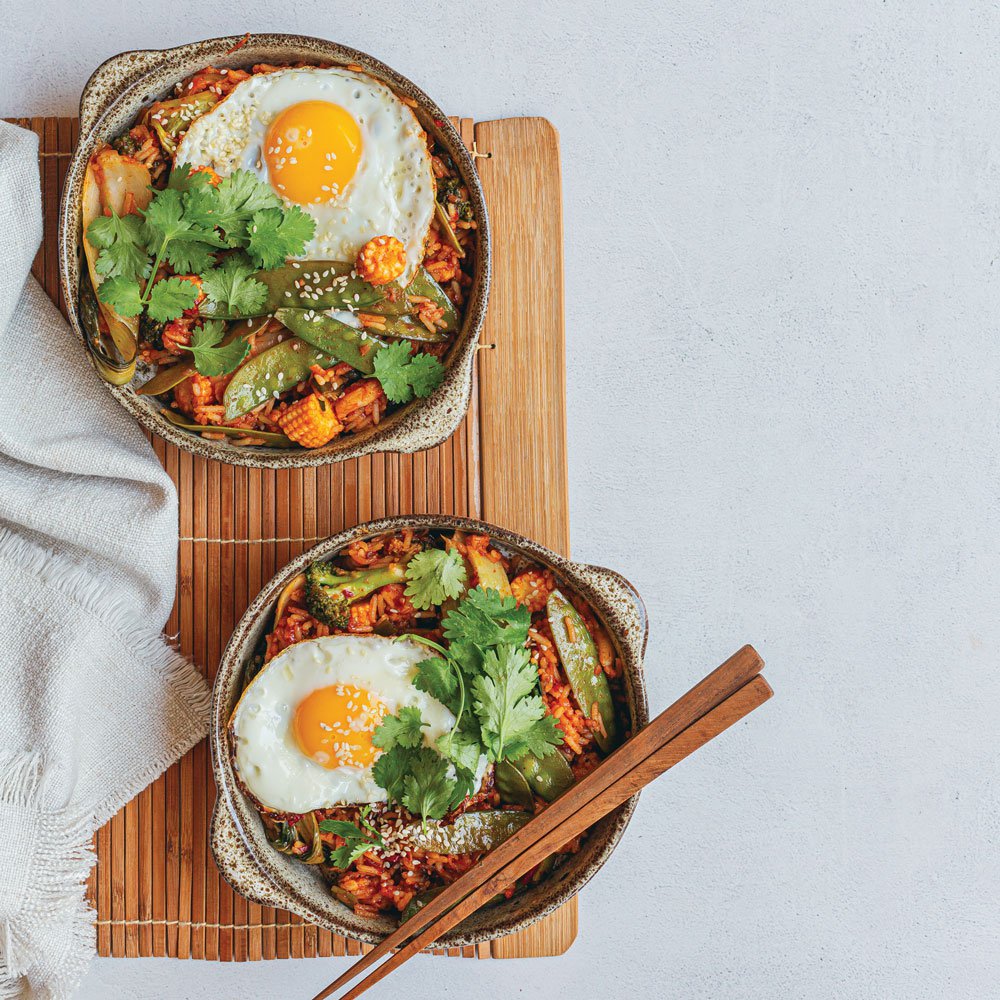 روبيان مع الكيمشي والأرزّ المقلي