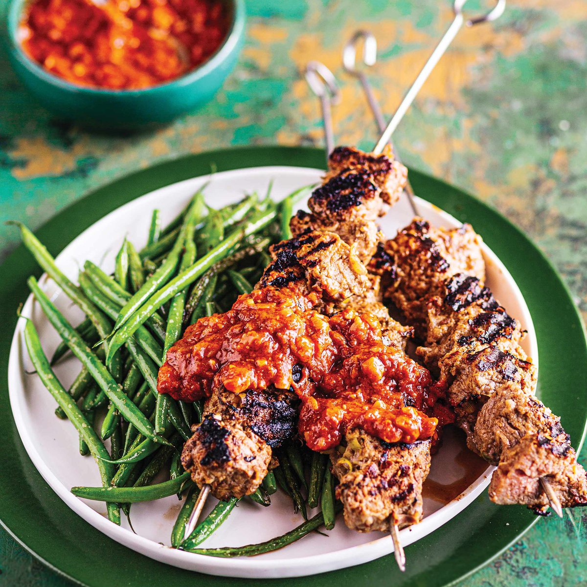 Quick beef satay with green bean stir fry recipe