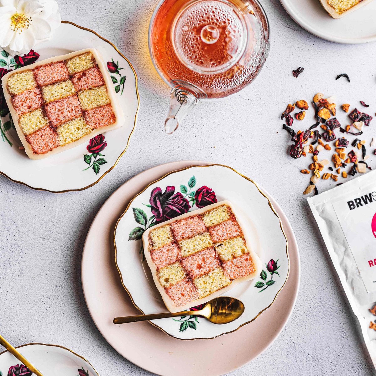 Rhubarb and rose battenberg cake