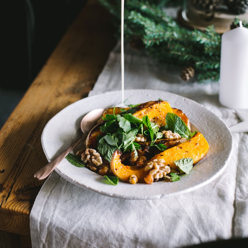 Roasted butternut with crispy chickpeas and tahini dressing