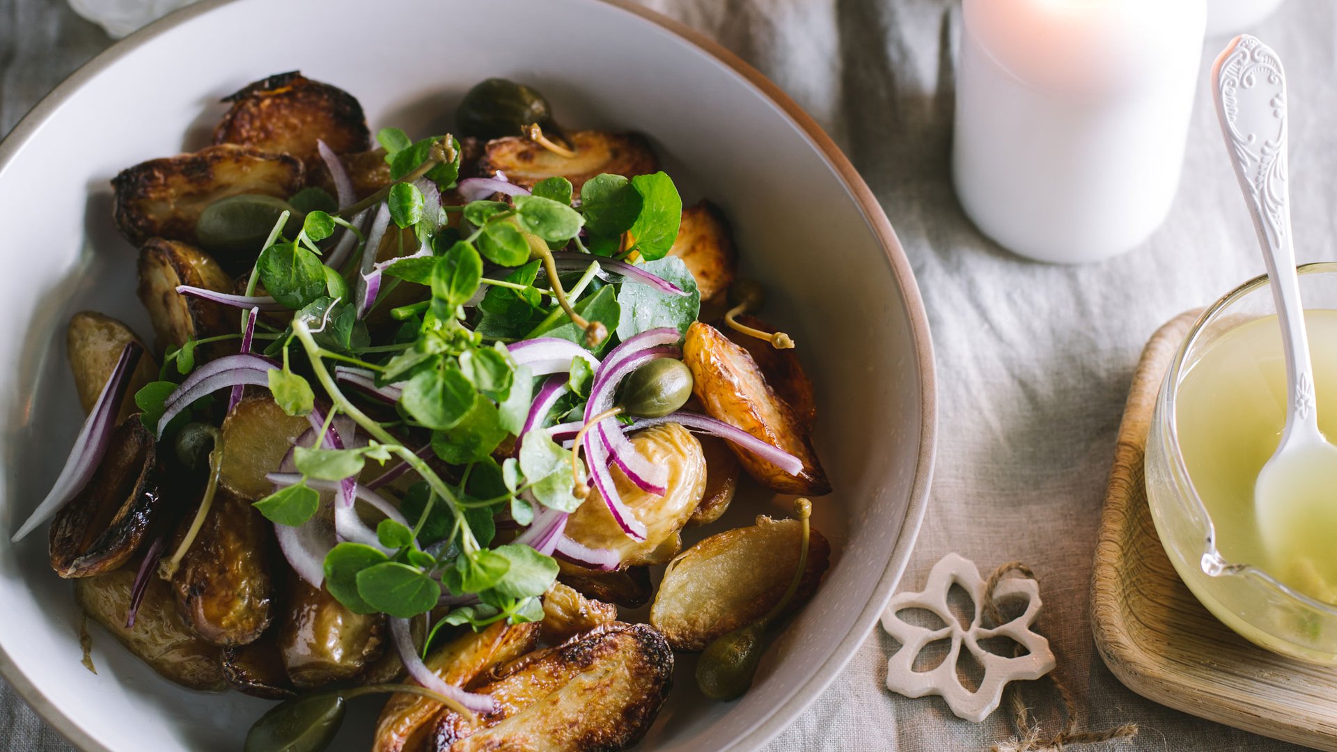 Roasted potato salad with red onions, capers &amp; lemon