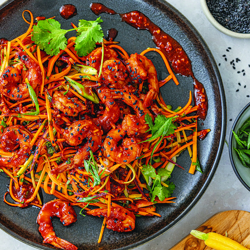 Rainbow carrot slaw with kimchi prawns