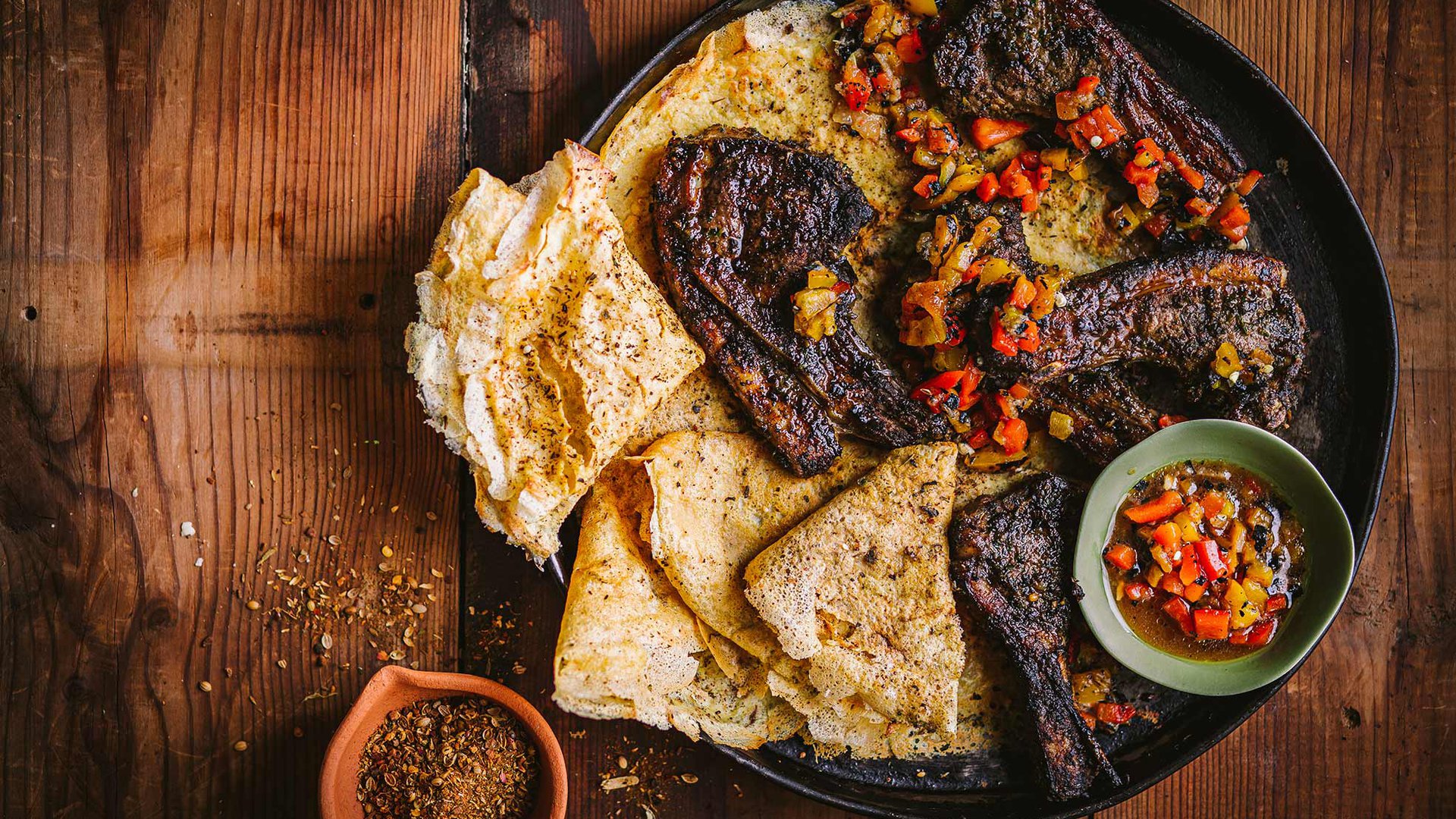 Ras el hanout lamb chops with mechouia and socca