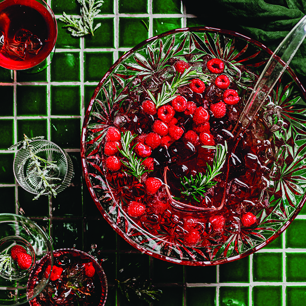 Raspberry, rose and rosemary punch bowl
