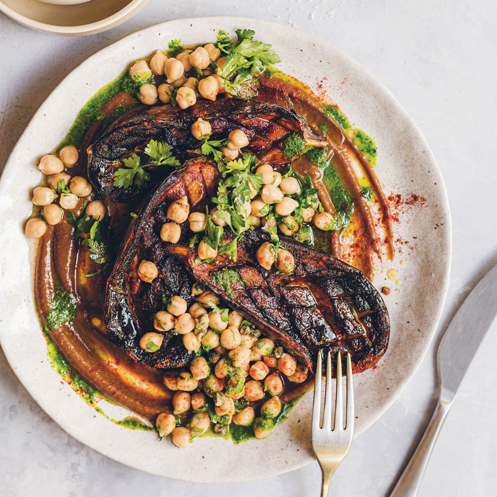 Roasted aubergine and chickpea salad
