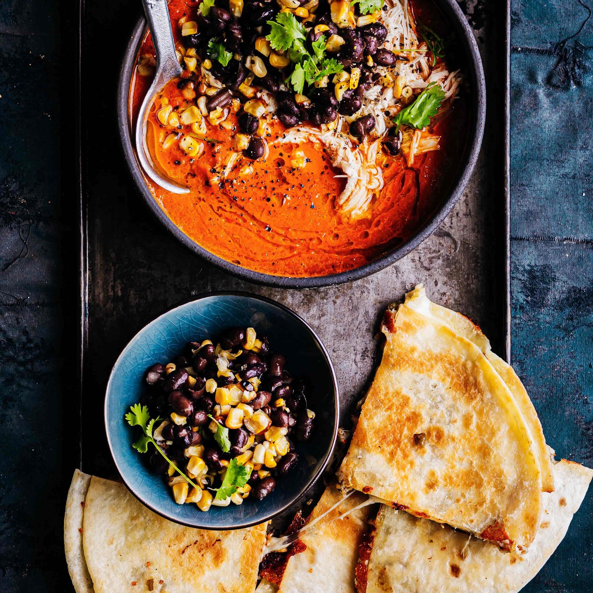 Roasted red capsicum soup with chicken and quesadillas
