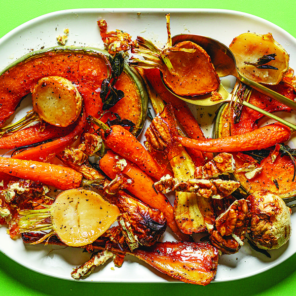 Roasted root veg with crunchy pecan praline