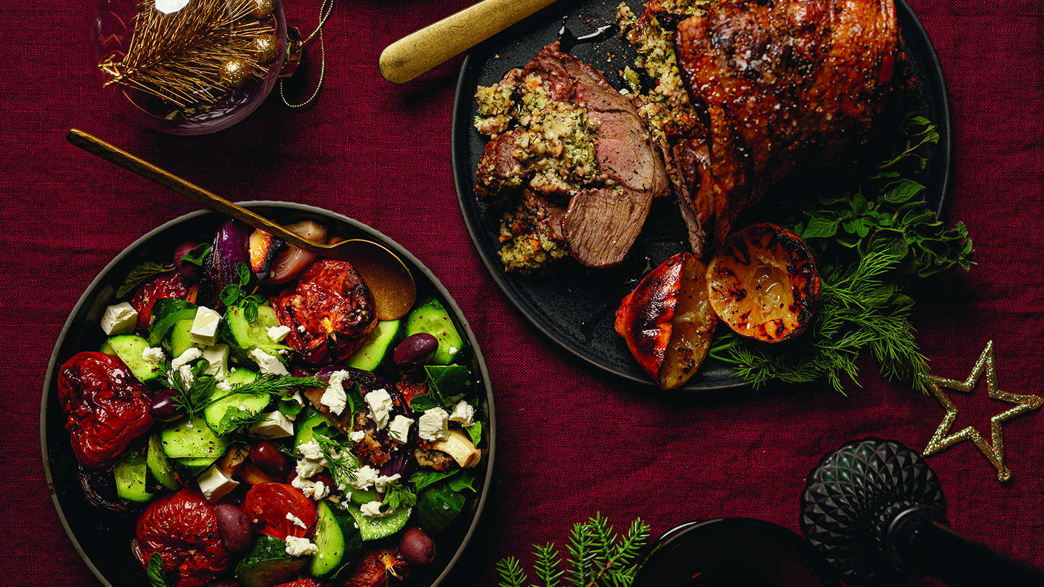 Rolled oregano leg of lamb with roasted greek salad