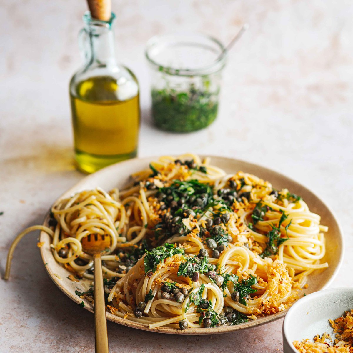 Spaghetti salsa verde with pangrattato