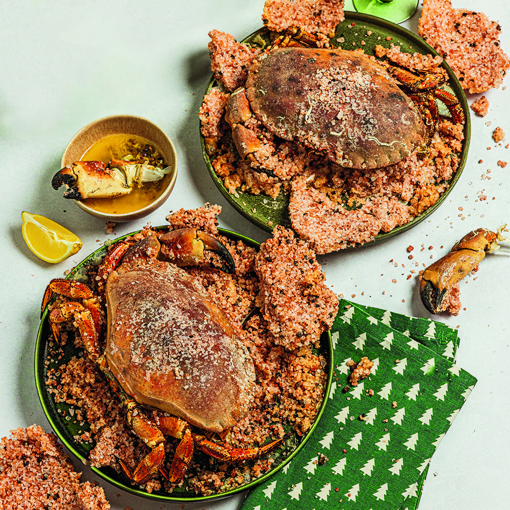 Salt-and-pepper baked whole crab with green peppercorn butter