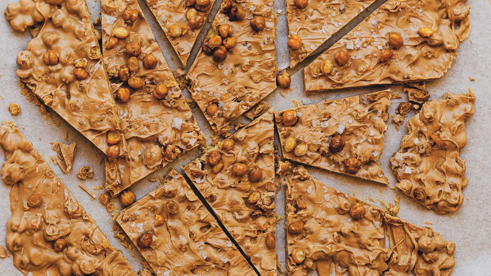 Salted caramelised white chocolate and chickpea brittle