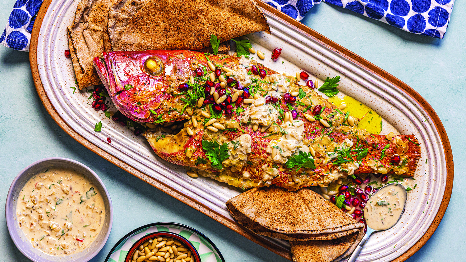 Samke harra with crispy flatbread