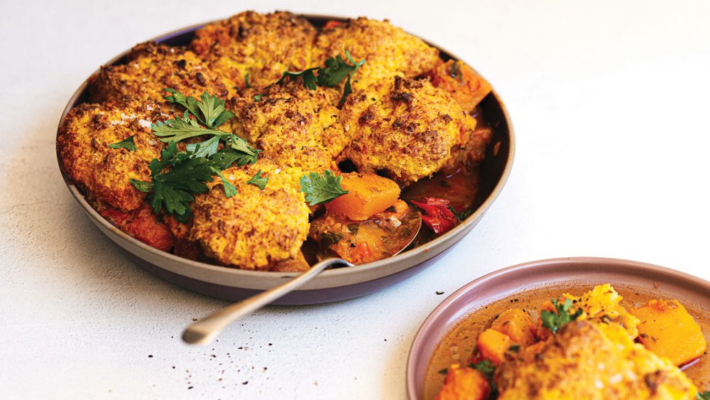 Savoury vegetable cobbler with cheddar dumplings