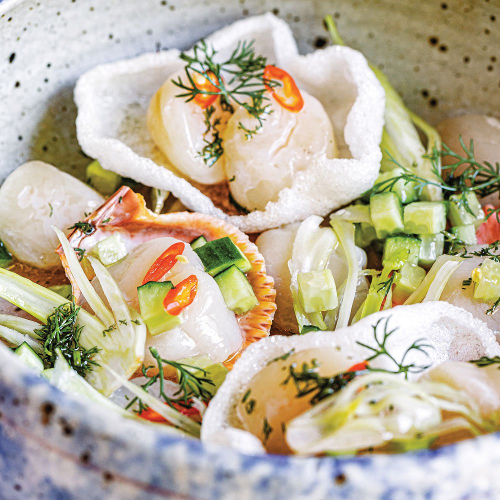Scallop and fennel ceviche with crispy prawn chips