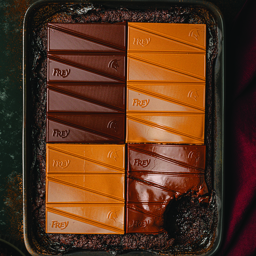 Self-saucing pudding topped with frey chocolate bars