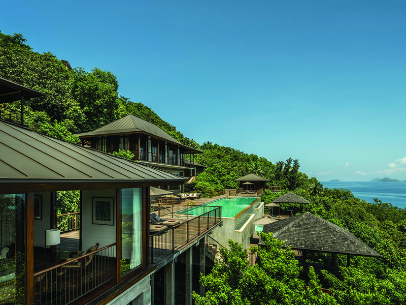 Villas are built into the lush granitic hillside with sweeping views of Petite Anse Bay at Four Seasons Resort on Mahé │ Head to The Lighthouse for dinner under the stars  │ Aldabra giant tortoise