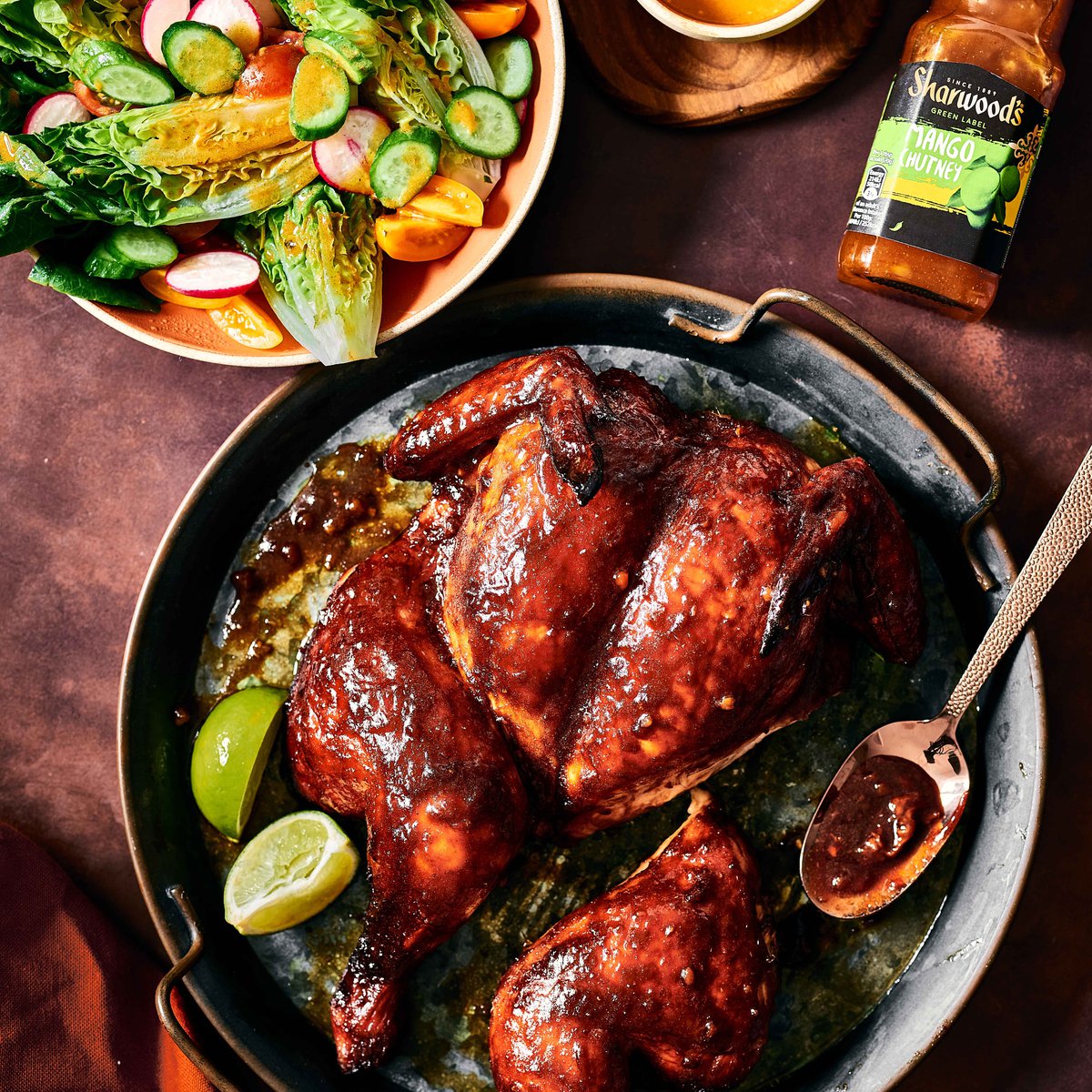 Mango chutney-glazed chicken with wedge salad and tikka masala dressing