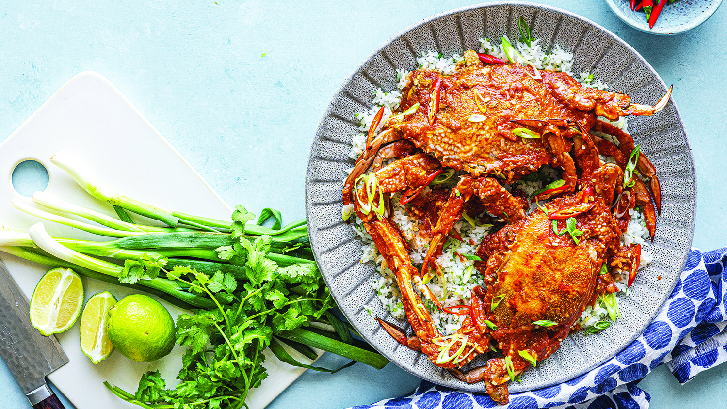 Singapore chilli crab with herby rice