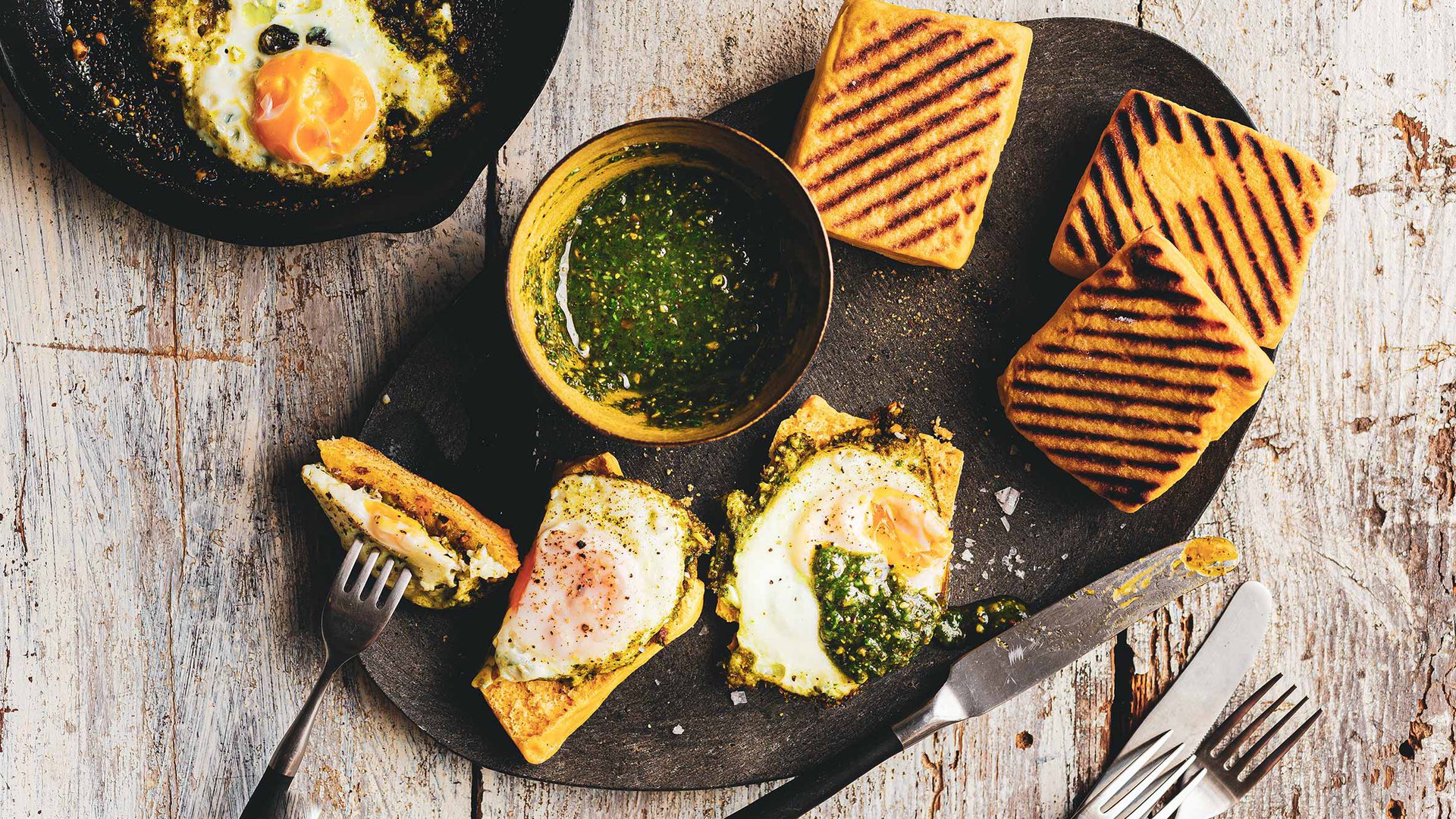 Skillet pesto eggs with butternut BBQ rolls