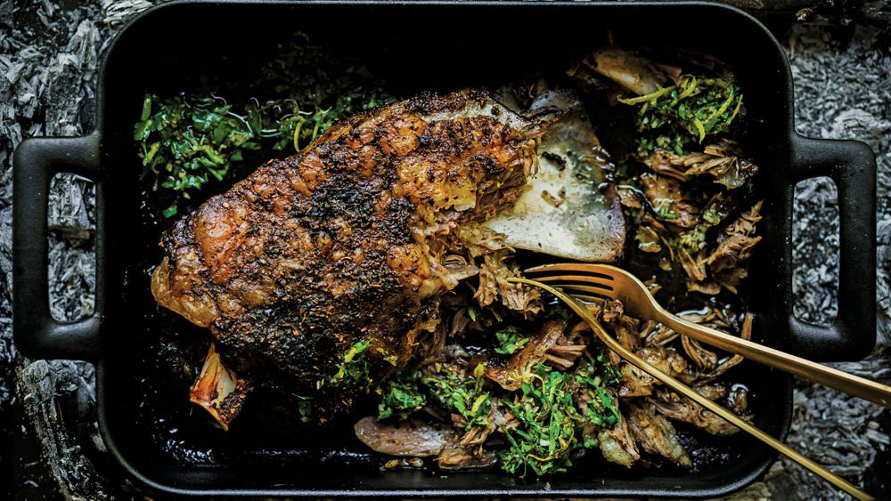 Slow-roasted jerk lamb shoulder with mojo verde