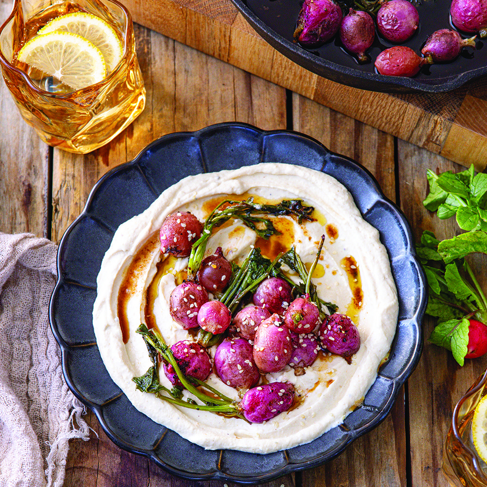 Slow-roasted radishes with brown butter and tahini labneh