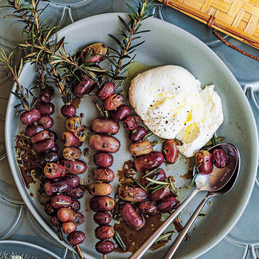 Smoked rosemary grilled grape skewers with burrata