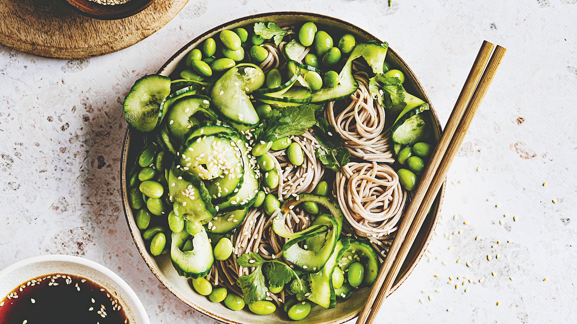 Chilled soba noodle salad with spring onion and sesame oil