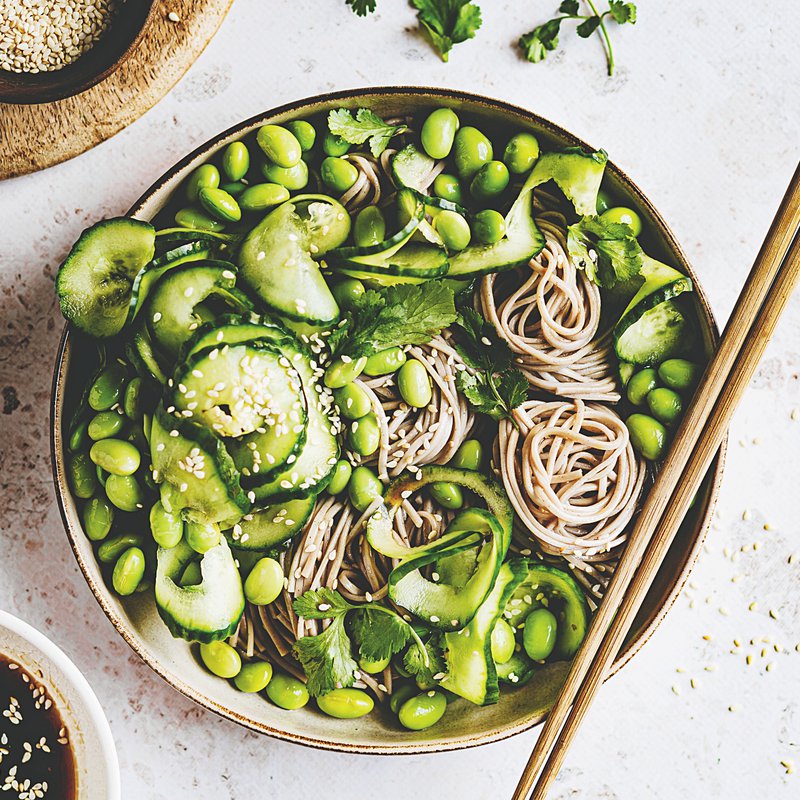 Chilled soba noodle salad with spring onion and sesame oil