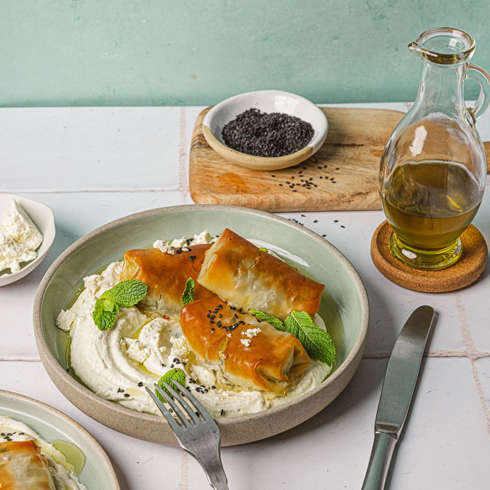 Spanakopita cigars with whipped feta and yoghurt