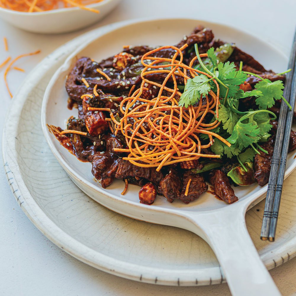 Spicy beef and black bean stirfry with crispy noodles recipe