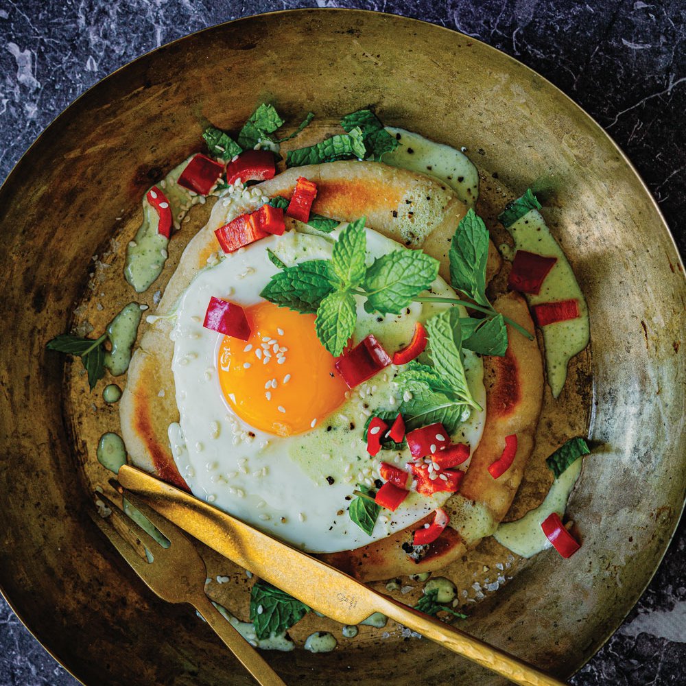 Crispy pita with eggs and coriander-tahini yoghurt